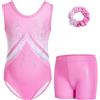Gogokids Body da ginnastica per ragazze, con strass scintillanti, tute da danza, con pantaloncini, abbigliamento sportivo, Sfumato rosa-c, 8-9 anni