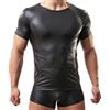 Crongless Maglietta sexy da uomo, in pelle laccata, a maniche corte, effetto bagnato, per fitness, in lattice, slim fit
