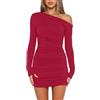 Wenrine - Abito da Donna Sexy, Senza Spalline, a Maniche Lunghe, Mini Abito da Festa, con Volant, Bodycon, da invitata a Matrimonio, Abito da Cocktail, Rosso Vivo, S