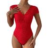 Haibang Body in Pizzo da Donna Sexy Scollo a V Bodysuit Top Floreale Aderente Camicetta a Maniche Corte Body Sottogiacca Elegante Cami Camicie Maglietta Blusa Clubwear