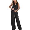 HUANGJB Set 2 pezzi da donna con scollo a V, gilet senza maniche, pantaloni a gamba larga, blazer estivo coordinato in lino, Nero , S