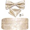 Barry.Wang Set Fascia e Papillon per Uomo, Fascia in Seta Papillon Preannodato Pochette Gemelli, Beige e bianco., Taglia unica