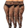 Geyoga 3 Paia Collant a Rete Taglie Forti Calze a Rete Nere a Vita Alta con Strass da Donna(Nero,L-XL)