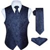 Enlision Gilet Uomo blu navy Elegante Nozze Paisley Panciotto Jacquard Gilet da Abito Cravatta e Fazzoletto Set per Festa Sposa 3XL