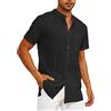 Yutdeng Camicie da Uomo Estate Casual Traspirante Maniche Corte Tinta Unita Camicia da Spiaggia in Cotone e Lino Classico Top Semplice Sciolto Camicie con Risvolto Abbottonato Nero S