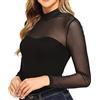 BWOOOWE Top Pizzo Donna Trasparente con Collo Alto Maglia Sexy Slim Fit in Tulle con Maniche Lunghe Camicia Elegante in Rete per Look Aesthetic e Outfit(M)