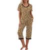 PrinStory Set pigiama da donna a maniche corte con maglietta e pantaloni capri, abbigliamento da casa con tasche, Stampa leopardata albicocca, M