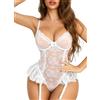 EVELIFE Lingerie sexy da donna - Body in pizzo trasparente con balze, Babydoll con scollo a V, spalline rimovibili, Teddy un pezzo (senza fondo), Bianco, XL