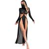 Yhong Vestito Lungo Gotico in Rete Trasparente per Donna Abito Maxi con Apertura Alta Maschera Facciale con Cappuccio Maniche Lunghe Costume da Bagno per Spiaggia Nero S
