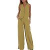 HUANGJB - Completo da donna 2 pezzi, scollatura a V, senza maniche, con bottone, gilet e pantaloni a gamba larga, 2 pezzi, giacca estiva in lino, set coordinato (S, Verde)