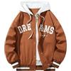 Generisch Giacca da baseball da uomo college con cappuccio patchwork ricamata felpa colletto alla coreana baseball hoodie leggera sottile giacca sportiva varsity jacket streetwear bomber, cachi, M