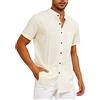 Yutdeng Camicie da Uomo Estate Casual Traspirante Maniche Corte Tinta Unita Camicia da Spiaggia in Cotone e Lino Classico Top Semplice Sciolto Camicie con Risvolto Abbottonato Beige S