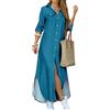 YMING Abiti a Maniche Lunghe da Donna Casual Allentato Maxi T-Shirt Abito Multicolore Abito Abbottonato Turchese L