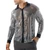 Panegy Uomo 70s Metallic Shirts Manica Lunga Casual Button Down Disco Costume Slim Fit Hip Hop Dress Shirt Shiny Turndown Polo T-Shirt Silver