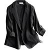 Mywinway - Giacca da donna casual, a maniche 3/4, leggera, in cotone e lino, per l'estate e la primavera, nero, Medium