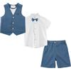 LOLANTA 4PZ Completo Cerimonia Bambino, Ragazzi Paggetto Matrimoni Abito, Bambini Gentiluomo Estate Lino Gilet Pantaloncini Suit Set, Battesimo Prom Compleanno Partywear, Blu, 5-6 Anni, 120