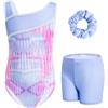 Gogokids - Set da ginnastica in 3 pezzi, con scollo a Y, senza maniche, con pantaloncini e fascia, con motivo a blocchi di colore blu e viola, 3-12 anni, 150(140-150 cm,11-12Y)