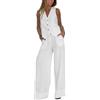HUANGJB Abiti da donna Set da 2 pezzi con scollo a V senza maniche con bottoni gilet a gamba larga pantaloni a 2 pezzi blazer completo estivo in lino set abbinati, bianco, XL