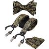 Alizeal Set da uomo con papillon da annodare e regolabile, motivo floreale Paisley, fazzoletto quadrato e bretelle con 6 clip elastiche a Y, Nero + oro, Taglia unica