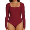 Joyshaper Donna Body Scollo Quadrato Maniche Lunghe Colore Solido Bluse Elegante Top Bodysuit Perizoma Maglie Camicetta, Vino Rosso, S