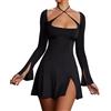 RPAEOY Vestito Donna Eleganti Manica Lunga Colletto Quadrato Cinturino Incrociato Senza Schienale Mini Casuale Abito da Sera Vestito Sexy Banchetto Festa Damigella d'Onore Cerimonia Cocktail Formale
