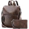 RAVUO Zaino Antifurto Donna in Pelle PU, Borsa Tracolla Elegante 2 in 1 Set Moda Con Multitasche per Lavoro, Daypack, Università - Caffè