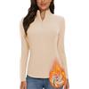 WOWENY - Maglietta Termica da Donna a Maniche Lunghe con Chiusura Lampo a 1/4, in Pile, con Collo Alto, Pullover, Mezza Zip, Top Caldo, Beige., XXL