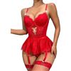 Aranmei Body sexy da donna con minigonna in pizzo, babydoll, set di biancheria intima, body teddy con calza a rete per club San Valentino, Rosso, L