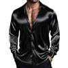 Barry.Wang Camicie da uomo a maniche lunghe eleganti elasticizzate tinta unita con bottoni in raso per occasioni formali, casual, lavoro, matrimoni, feste, Nero satinato., L