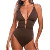 CUPSHE - Costume da bagno intero da donna, scollo profondo a V, spalline sottili, scollo profondo sulla schiena, lacci, texture, modello unico, marrone, M