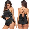 Ekouaer Set Pigiama in Seta con Schiena Scoperta in Raso, Top e Pantaloncini, Biancheria da Notte setosa per Le Donne, Nero, L