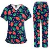 Meichoon Set di uniformi mediche da donna, con scollo a V, stampa a cartoni animati, maglietta a maniche corte con tasche e pantaloni larghi regolabili, leggero e traspirante, Nero, M
