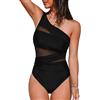 CUPSHE - Costume da bagno intero da donna, monospalla, in rete trasparente, con drappeggio sull'addome, asimmetrico, Tinta unita: nero., XL
