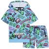 MINECRAFT Tuta Bambino Ragazzo 2 Pz Set Tute Creeper Felpa con Cappuccio Pantaloncini Estivi Felpa Bambino Maniche Corte Regalo Ragazzo (11-12 Anni, Blu)