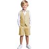Botong Set da smoking per bambini in lino, 2 pezzi, con gilet e pantaloni corti, per l'estate, spiaggia, matrimonio, per bambini, Giallo, 8 anni
