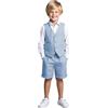 Botong Set da smoking per bambini in lino, 2 pezzi, con gilet e pantaloni corti, per l'estate, spiaggia, matrimonio, per bambini, Azzurro, 10 anni