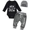 Derouetkia Tutina per neonato con stampa di lettere + pantaloni da uomo + cappello, 3 pezzi, Nero , 3-6 Months