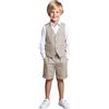 Botong Set da smoking per bambini in lino, 2 pezzi, con gilet e pantaloni corti, per l'estate, spiaggia, matrimonio, per bambini, Beige, 4 anni