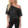 Segreto Top da donna con paillette, a maniche corte, girocollo, largo, lucido, per feste, abbigliamento festivo