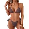 swimall Bikini da Donna Perizoma Triangolo Perline Cravatta Laterale Sexy Due Pezzi Costume da Bagno Taglio Alto Costume da Bagno, 505 - Marrone caffè, S