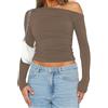 OOHOKAY Maglia a maniche lunghe da donna con spalle scoperte, classica, basic Tshirt Crop Tops Y2K Slim Fit Top Casual Shoulder Streetwear, Braun-j, S