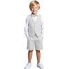 Botong Set da smoking per bambini in lino, 2 pezzi, con gilet e pantaloni corti, per l'estate, spiaggia, matrimonio, per bambini, Grigio chiaro, 12 anni