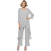 Leader of the Beauty Abiti da Madre della Sposa per Donna 3 Pezzi Set Completo Lungo in Chiffon per Madre della Sposa con Gilet, Argento, 38