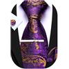 Barry.Wang Cravatta da uomo con motivo cachemire, motivo scozzese, a righe, floreale, setosa, fazzoletto quadrato e gemelli, set di clip per feste, Viola e Oro, Taglia unica