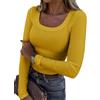 Roselux Maglietta da Donna a Maniche Lunghe, Scollo Rotondo, a Costine, Aderente, Casual, Basic, Giallo Senape, M