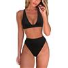 Fatty Tiger Bikini da Donna a Vita Alta a Vita Alta Sexy Brasiliano Triangolo Superiore Profondo Scollo a V Due Pezzi Costume da Bagno, Nero, S