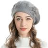 ZLYC Berretto Francese da Donna, Reversibile, Tinta Unita, Mosaico, in Cashmere, Caldo, per Ragazze, Perline Fiore Grigio, Taglia Unica