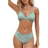 CUPSHE Bikini da donna con scollo a V smerlato vita media incrociato posteriore auto-cravatta spalline sottili costume da bagno a due pezzi, Verde menta/floreale, L