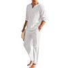 Geagodelia Set da uomo 2 pezzi in cotone lino camicia Henley scollo a V a maniche lunghe pantaloni leggeri per quattro stagioni pigiama estivo tinta unita, bianco, L