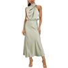 MIRGLER Maxi abito da donna in raso elastico a vita alta per matrimoni, serate, cocktail e cocktail, Verde muschio, M